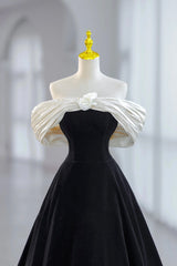 White and Black Velvet Short Prom Dress Outfits For Girls, Black Off Shoulder Evening Dress