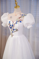 White High Neckline A-line Short Sleeves Party Dress Outfits For Girls, White Long Formal Dress