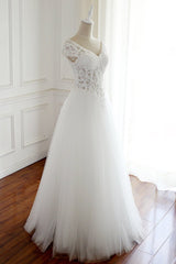 White Lace Cap Sleeves Tulle Floor Length Party Dress Outfits For Girls, A-line White Wedding Dresses