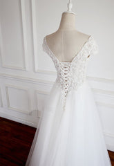 White Lace Cap Sleeves Tulle Floor Length Party Dress Outfits For Girls, A-line White Wedding Dresses