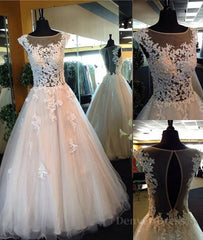 White Lace Prom Gown, A-Line Tulle See Through Prom Dresses, Formal Dresses