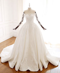 White Lace Satin Long Wedding Dress Outfits For Girls, Lace Satin Long Bridal Gown