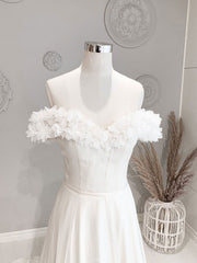 White Off Shoulder Flowers Long Wedding Dress Outfits For Girls, White Beach Wedding Dress