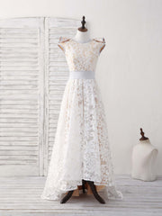 White Round Neck Lace High Low Prom Dress Outfits For Women White Bridesmaid Dress