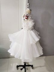 White Round Neck Tulle Lace Short Prom Dress Outfits For Girls, Puffy White Lace Homecoming Dress