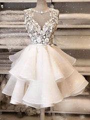 White round neck tulle lace short prom Dress Outfits For Girls, white homecoming dress