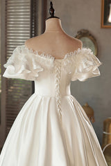White Satin Lace Off Shoulder Prom Dress Outfits For Girls, White Evening Dress Outfits For Girls, Wedding Dress