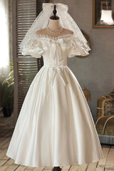 White Satin Lace Off Shoulder Prom Dress Outfits For Girls, White Evening Dress Outfits For Girls, Wedding Dress