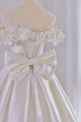 White Satin Long A-Line Ball Gown, Off the Shoulder Wedding Gown