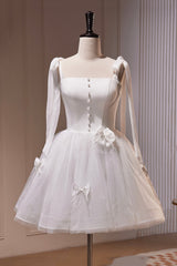 White Spaghetti Strap Short Prom Dress Outfits For Girls, White Tulle Party Dress