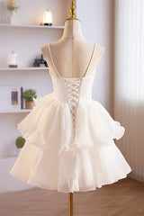 White Spaghetti Strap Tulle Short Prom Dress Outfits For Girls, White A-Line Homecoming Dress