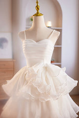 White Spaghetti Strap Tulle Short Prom Dress Outfits For Girls, White A-Line Homecoming Dress