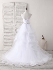 White Sweetheart Neck Tulle Long Prom Dress Outfits For Girls, White Formal Graduation Dress