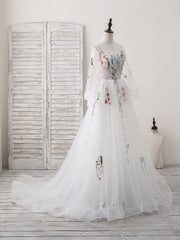 White Sweetheart Tulle Applique Long Prom Dress Outfits For Girls, White Evening Dress
