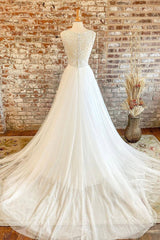 White Tulle Lace Long Prom Dress Outfits For Girls, A-Line V-Neck Formal Evening Dress