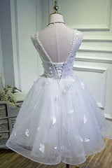 White Tulle Lace Short Prom Dress Outfits For Women Pageant Dress Outfits For Girls, Cute Knee Length Party Dress