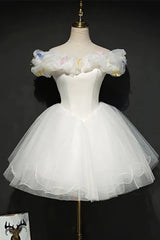 White Tulle Short Off Shoulder Homecoming Dress Outfits For Girls, White Graduation Dress