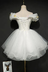 White Tulle Short Off Shoulder Homecoming Dress Outfits For Girls, White Graduation Dress