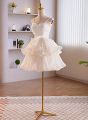 White Tulle Straps Short Graduation Dress Outfits For Girls, White Tulle Sweetheart Prom Dress