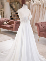 White V Neck Lace Chiffon Long Wedding Dress Outfits For Girls, Beach Wedding Dress