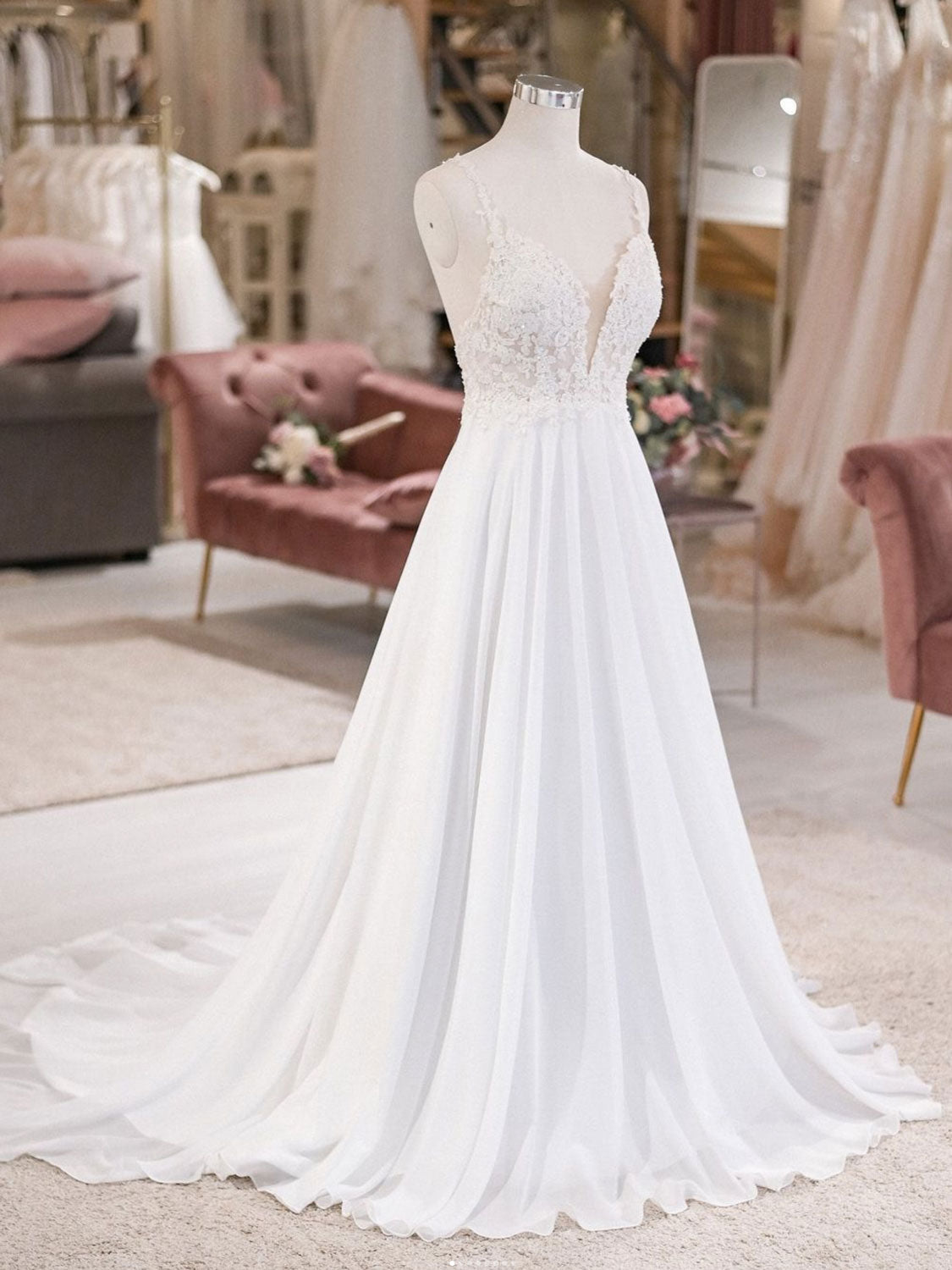 White V Neck Lace Chiffon Long Wedding Dress Outfits For Girls, Beach Wedding Dress