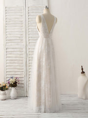 White V Neck Lace Long Prom Dress Outfits For Women Backless Lace Evening Dress