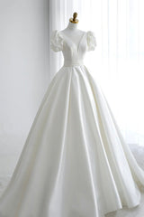 White V-Neck Satin Long Prom Dress Outfits For Girls, A-Line Short Sleeve Formal Dress