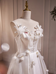 White V Neck Satin Tea Length Prom Dress Outfits For Girls, White Formal Dress Outfits For Women With Beading