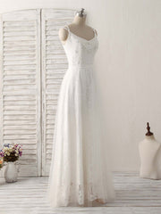White V Neck Tulle Lace Long Prom Dress Outfits For Women White Evening Dress