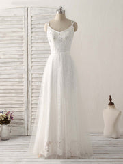 White V Neck Tulle Lace Long Prom Dress Outfits For Women White Evening Dress