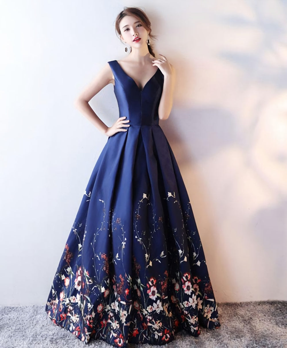 Dark Blue Floral Pattern Long Prom Dress, Blue Evening Dress