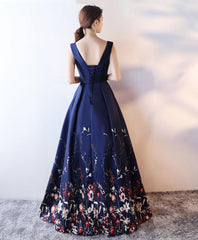 Dark Blue Floral Pattern Long Prom Dress, Blue Evening Dress