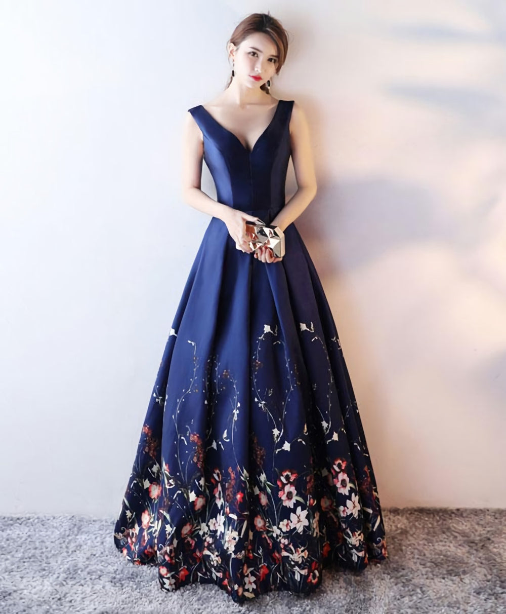Dark Blue Floral Pattern Long Prom Dress, Blue Evening Dress