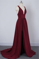 Wine Red Chiffon High Slit Long Party Dress Outfits For Girls, Charming Long Straps Bridesmaid Dresses
