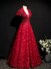 Wine Red Lace A-line Open Back Long Prom Dress Outfits For Girls, A-line Wine Red Formal Dress
