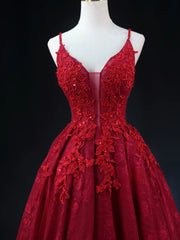 Wine Red Lace Applique Straps V-neckline Party Dress Outfits For Girls, Floor Length Wine Red Prom Dress