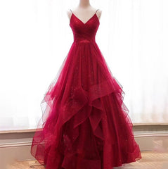 Wine Red Layers Tulle V-neckline Straps Formal Dress Outfits For Girls, Wine Red Evening Dress Outfits For Women Party Dress
