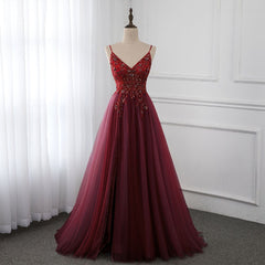 Wine Red Long Tulle V-neckline Beaded Junior Prom Dress Outfits For Girls, Dark Red Party Dress