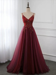 Wine Red Long Tulle V-neckline Beaded Junior Prom Dress Outfits For Girls, Dark Red Party Dress