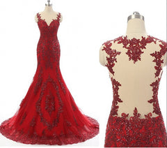 Wine Red Mermaid Long Party Dress Outfits For Women with Lace Applique, Wine Red Formal Dresses