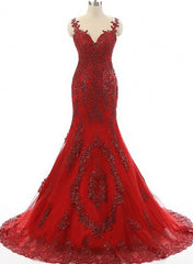 Wine Red Mermaid Long Party Dress Outfits For Women with Lace Applique, Wine Red Formal Dresses