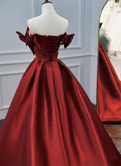 Wine Red Satin A-line Beaded Off Shoulder Party Dress Outfits For Girls, Wine Red Prom Dress Outfits For Women Formal Dress