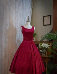 Wine Red Satin Tea Length Party Dress Outfits For Women with Bow, Wine Red Wedding Party Dress