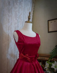 Wine Red Satin Tea Length Party Dress Outfits For Women with Bow, Wine Red Wedding Party Dress