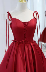 Wine Red Satin V-neckline Straps Beaded Short Prom Dress Outfits For Girls, Wine Red Party Dresses