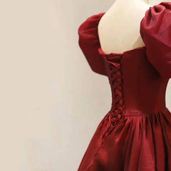 Wine Red Short Sleeves Tea Length Wedding Party Dress Outfits For Girls, Wine Red Prom Dress