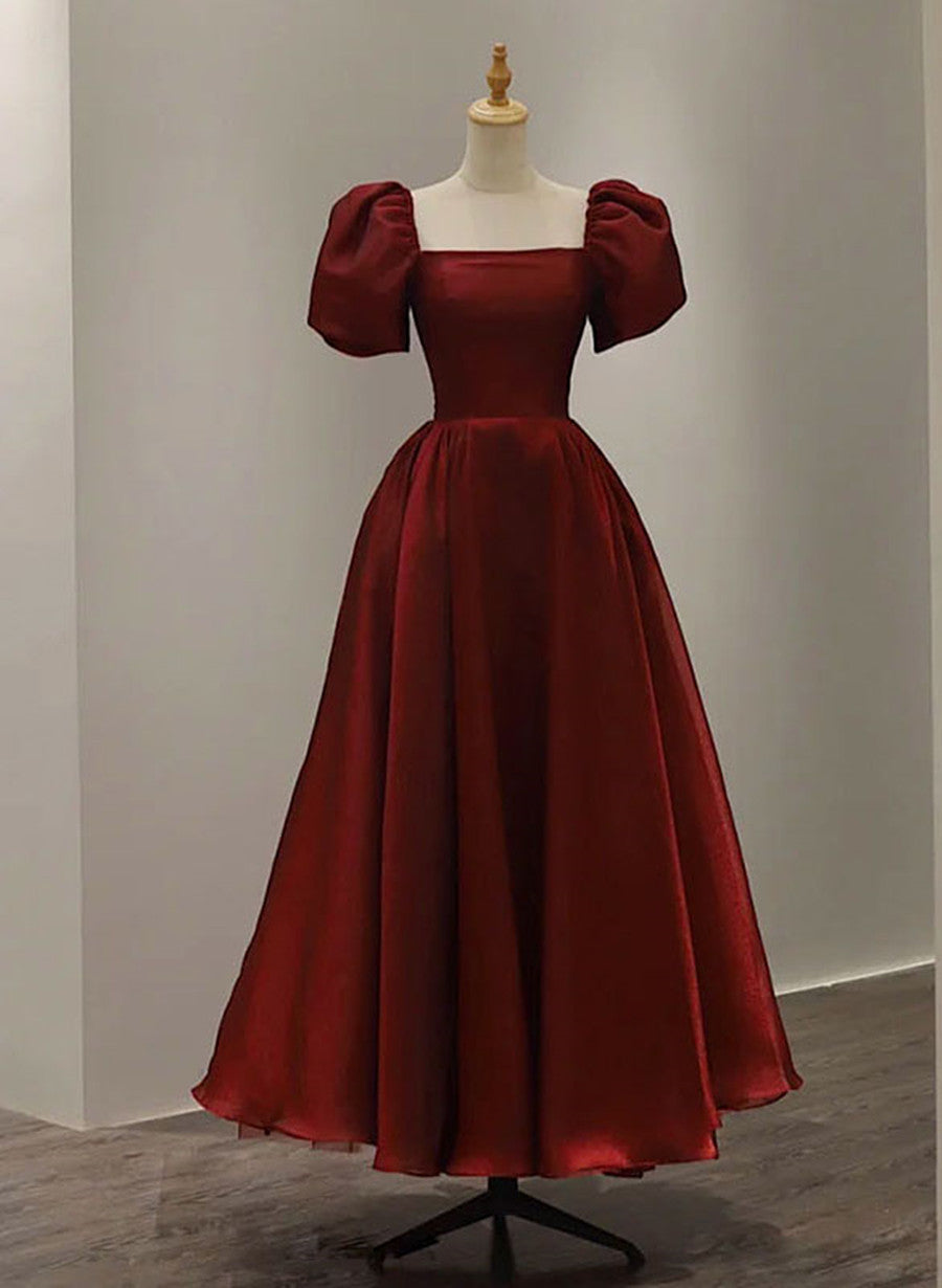 Wine Red Short Sleeves Tea Length Wedding Party Dress Outfits For Girls, Wine Red Prom Dress