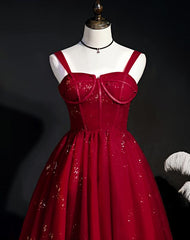 Wine Red Short Tulle Straps Cute Homecoming Dress Outfits For Girls, Wine Red Short Prom Dress