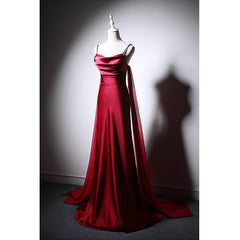 Wine Red Soft Satin Long Straps Long A-line Prom Dress Outfits For Girls, Wine Red Evening Dress
