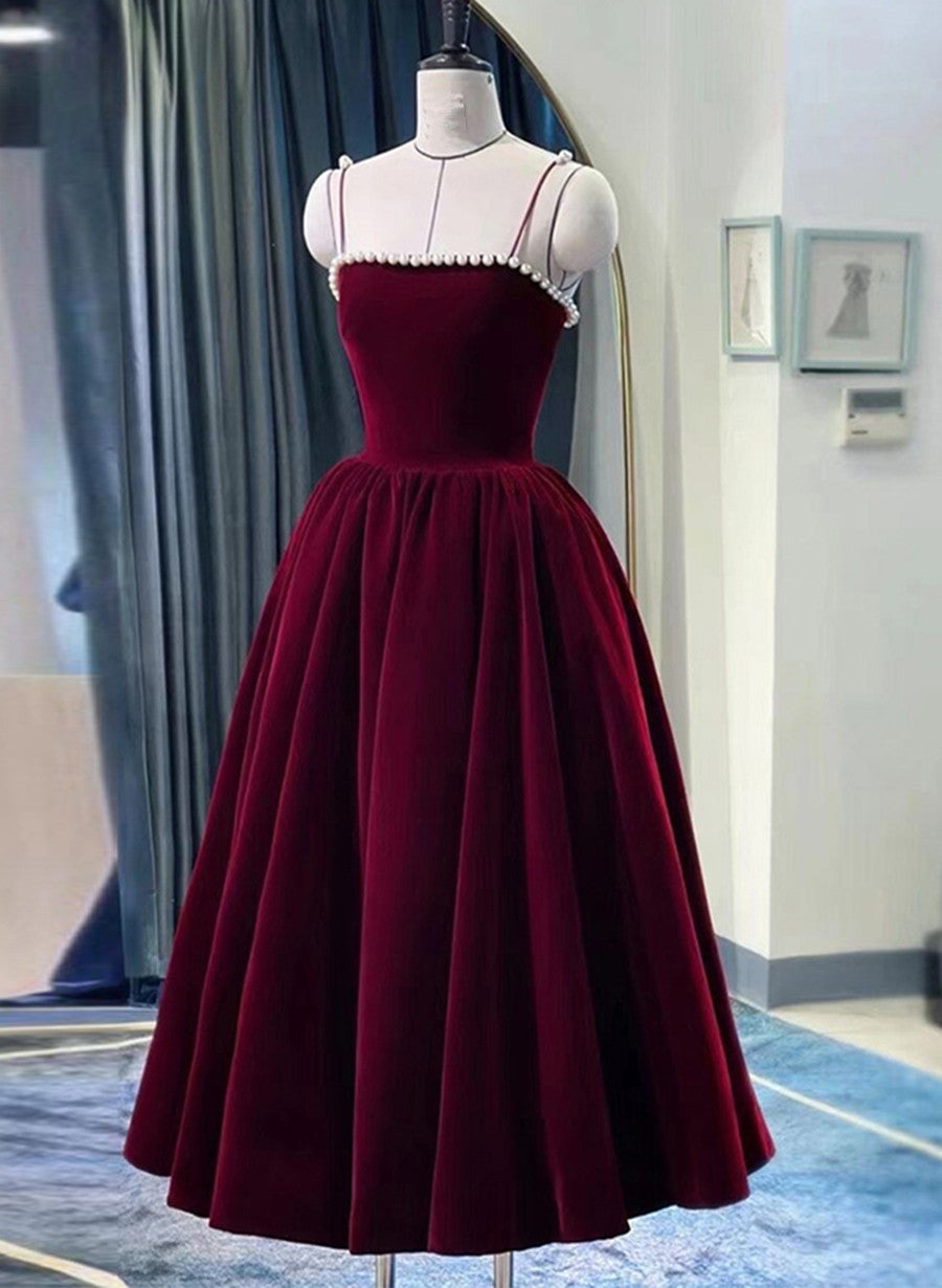 Wine Red Straps Velvet Party Dress Outfits For Women with Pearls, Wine Red Tea Length Formal Dress